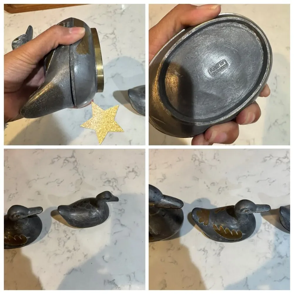 vintage pewter brass duck trinket boxes made in Hong Kong cabin rustic MCM